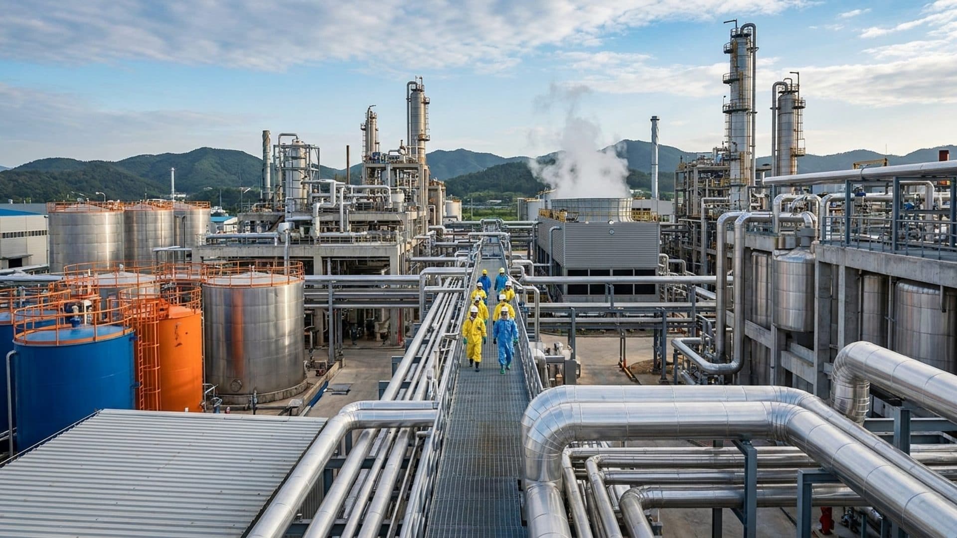 Chemical manufacturing facility with storage tanks and industrial pipework