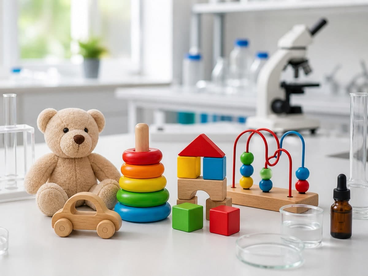 Children’s toys arranged on a clean product testing bench