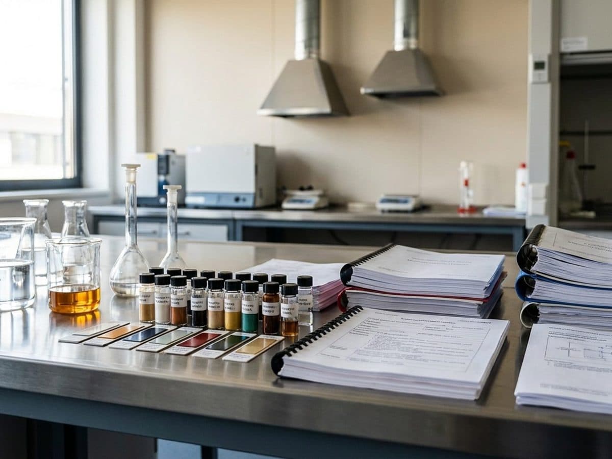 Laboratory glassware with compliance paperwork and water testing setup