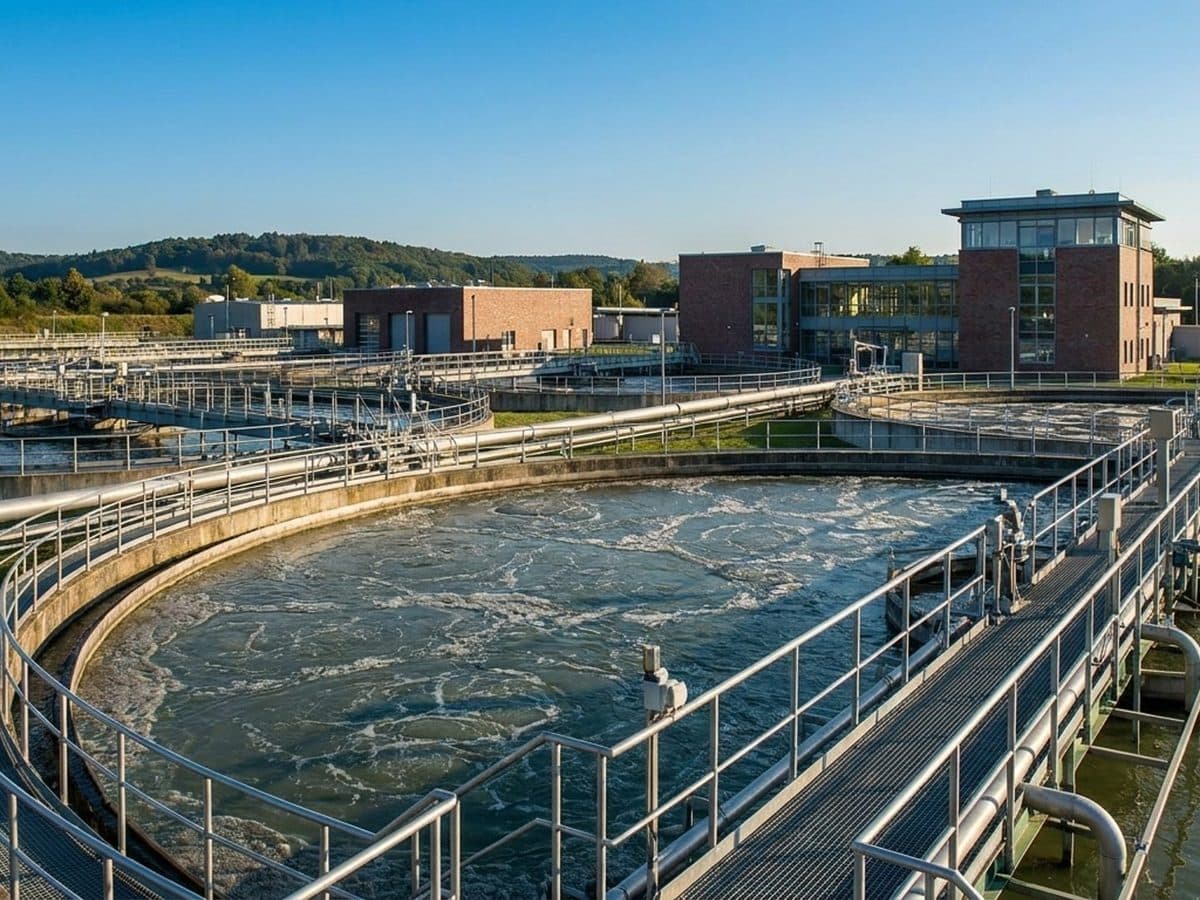 Circular wastewater treatment basins and steel walkways at a European treatment plant
