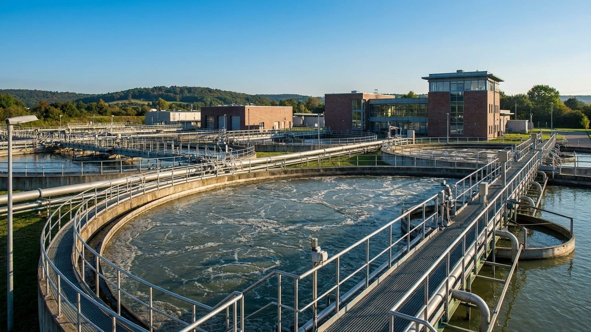 Circular wastewater treatment basins and steel walkways at a European treatment plant