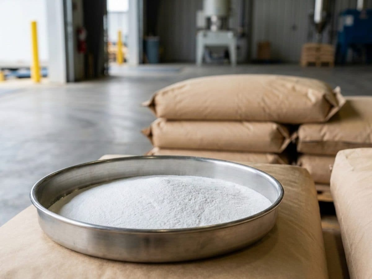 An unmarked dish of white polymer powder beside plain industrial sacks in a warehouse