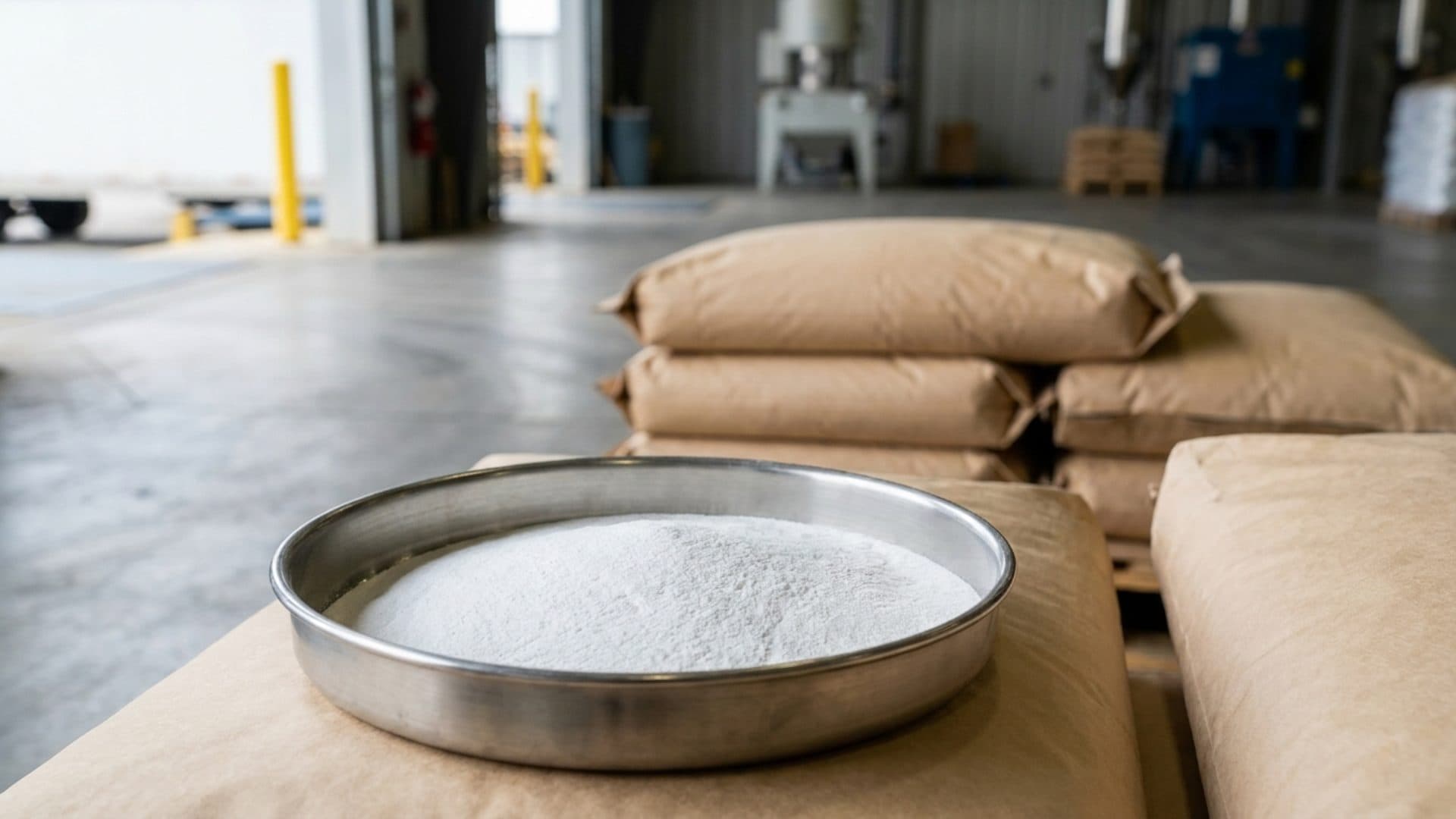 An unmarked dish of white polymer powder beside plain industrial sacks in a warehouse