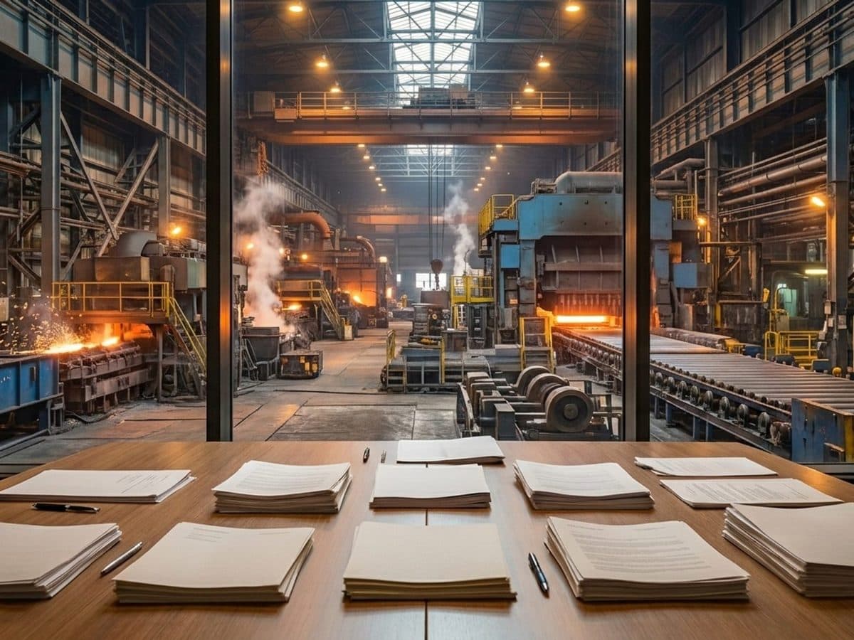 Steelworks viewed beyond a meeting table with plain financial documents