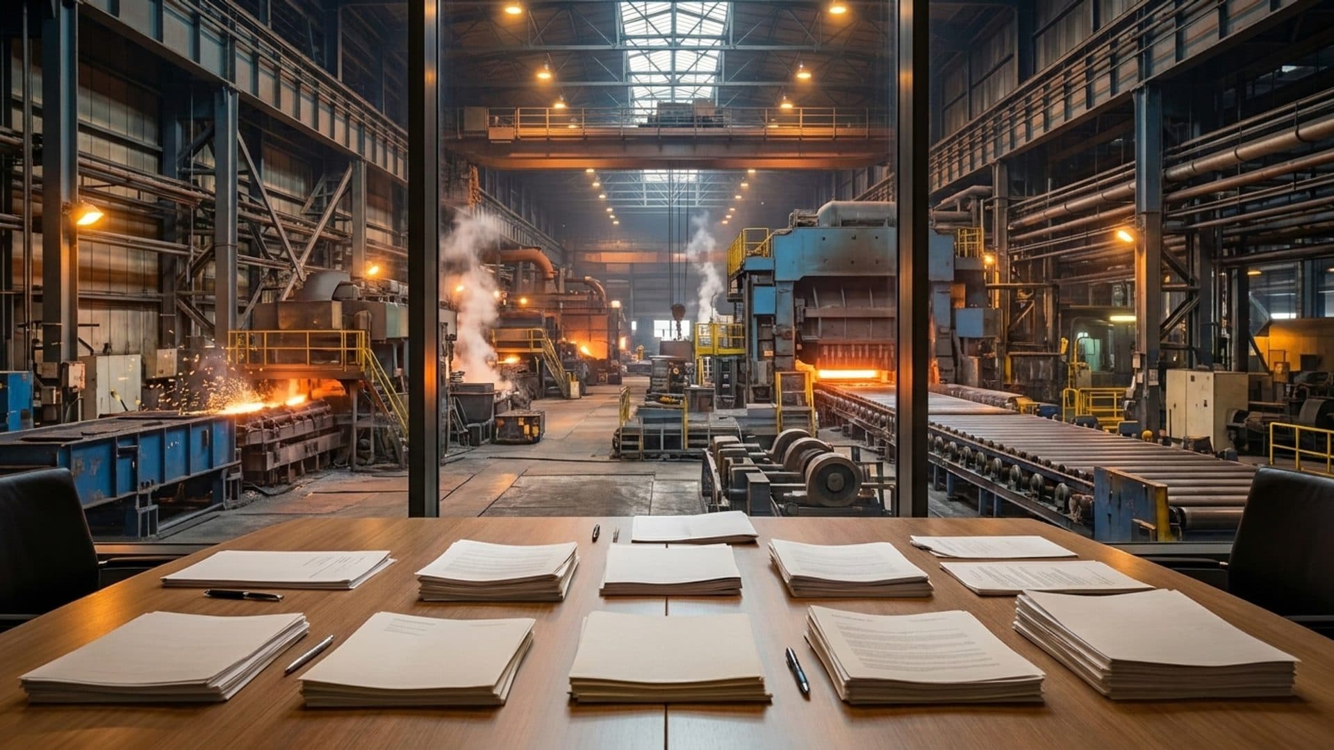 Steelworks viewed beyond a meeting table with plain financial documents