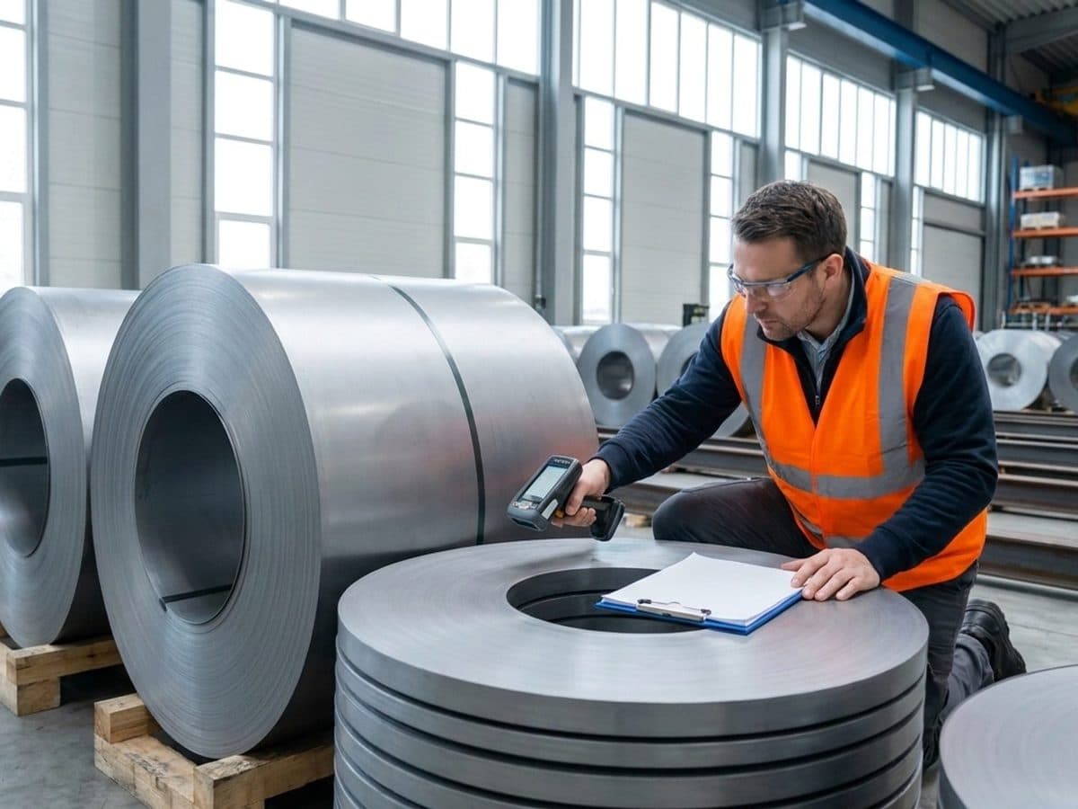 Quality technician checking plain steel coils in a warehouse