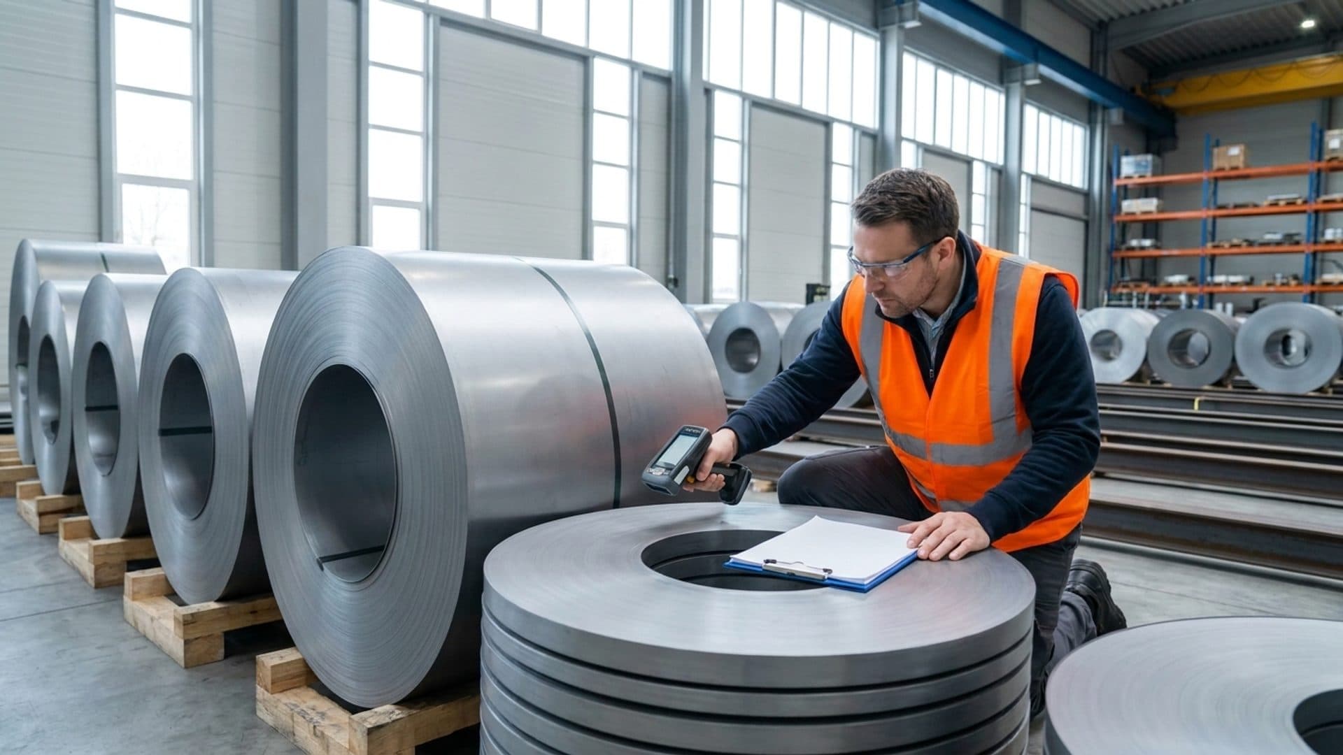Quality technician checking plain steel coils in a warehouse