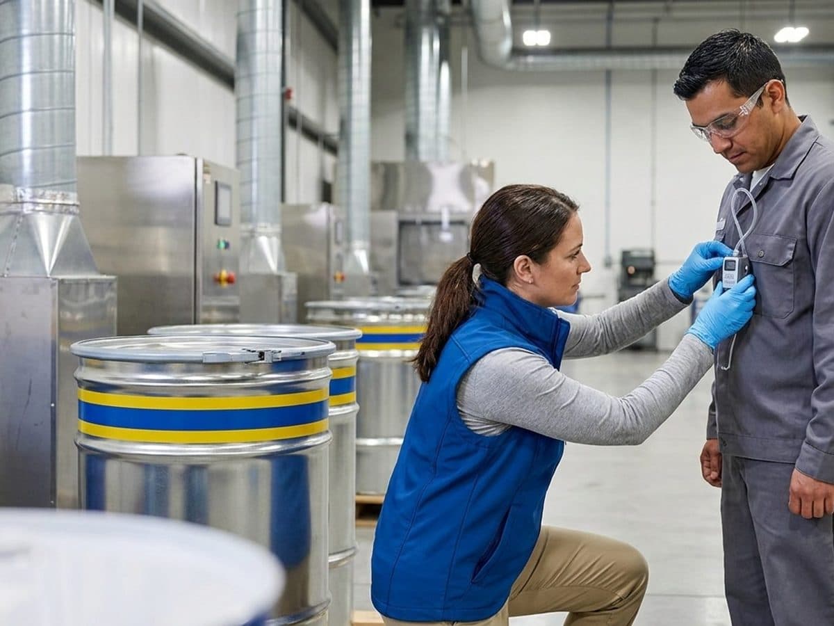 Occupational hygienist fitting air-monitoring equipment in a coatings facility