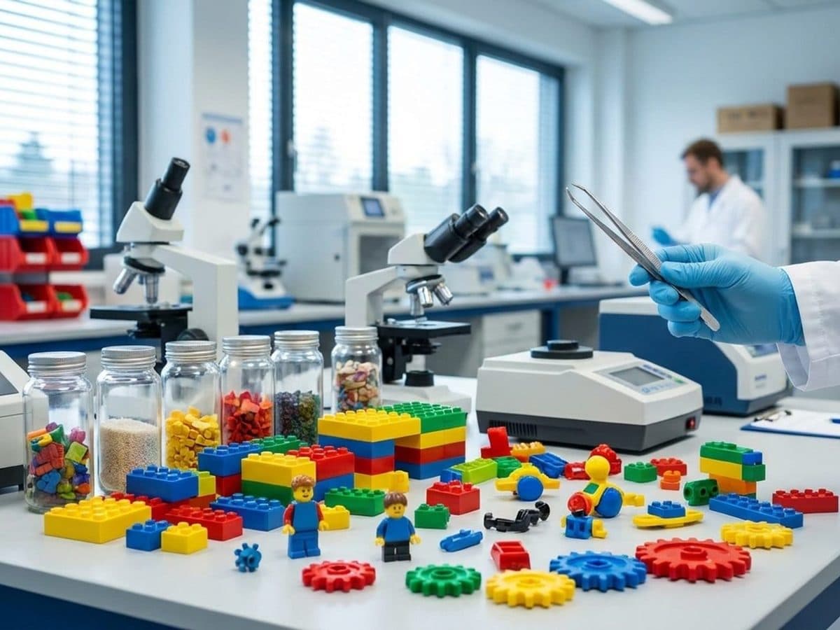 Colourful toy components prepared for chemical testing in a laboratory