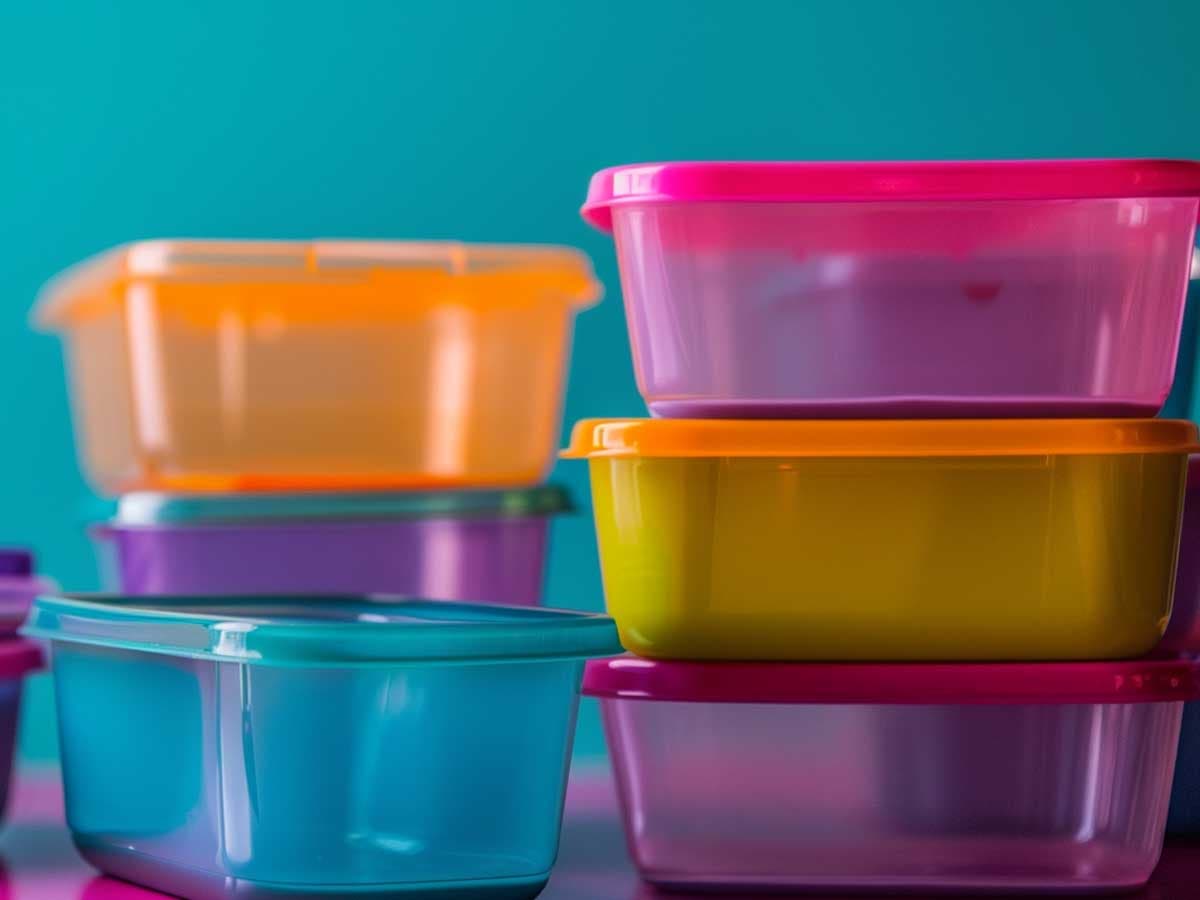 Colourful tupperware stacked