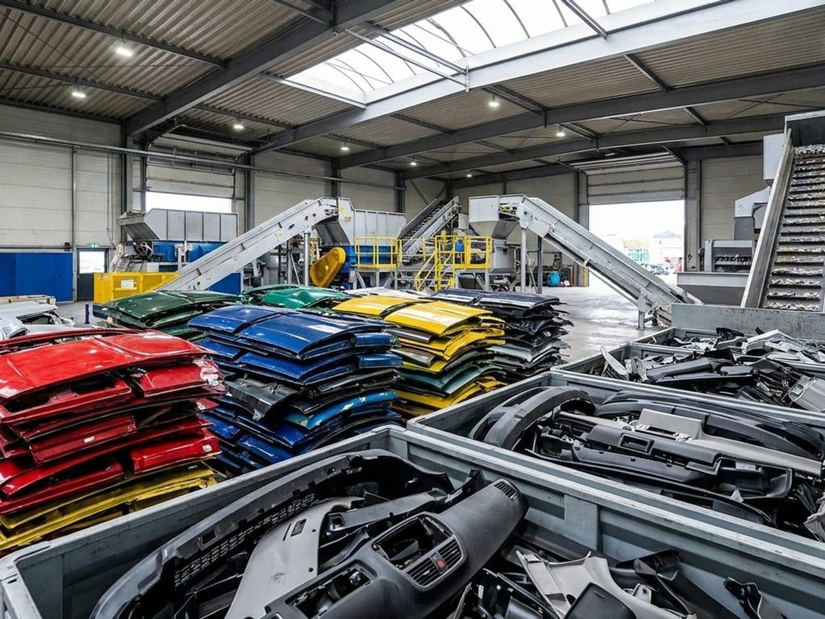 Separated vehicle components and materials at an automotive recycling facility