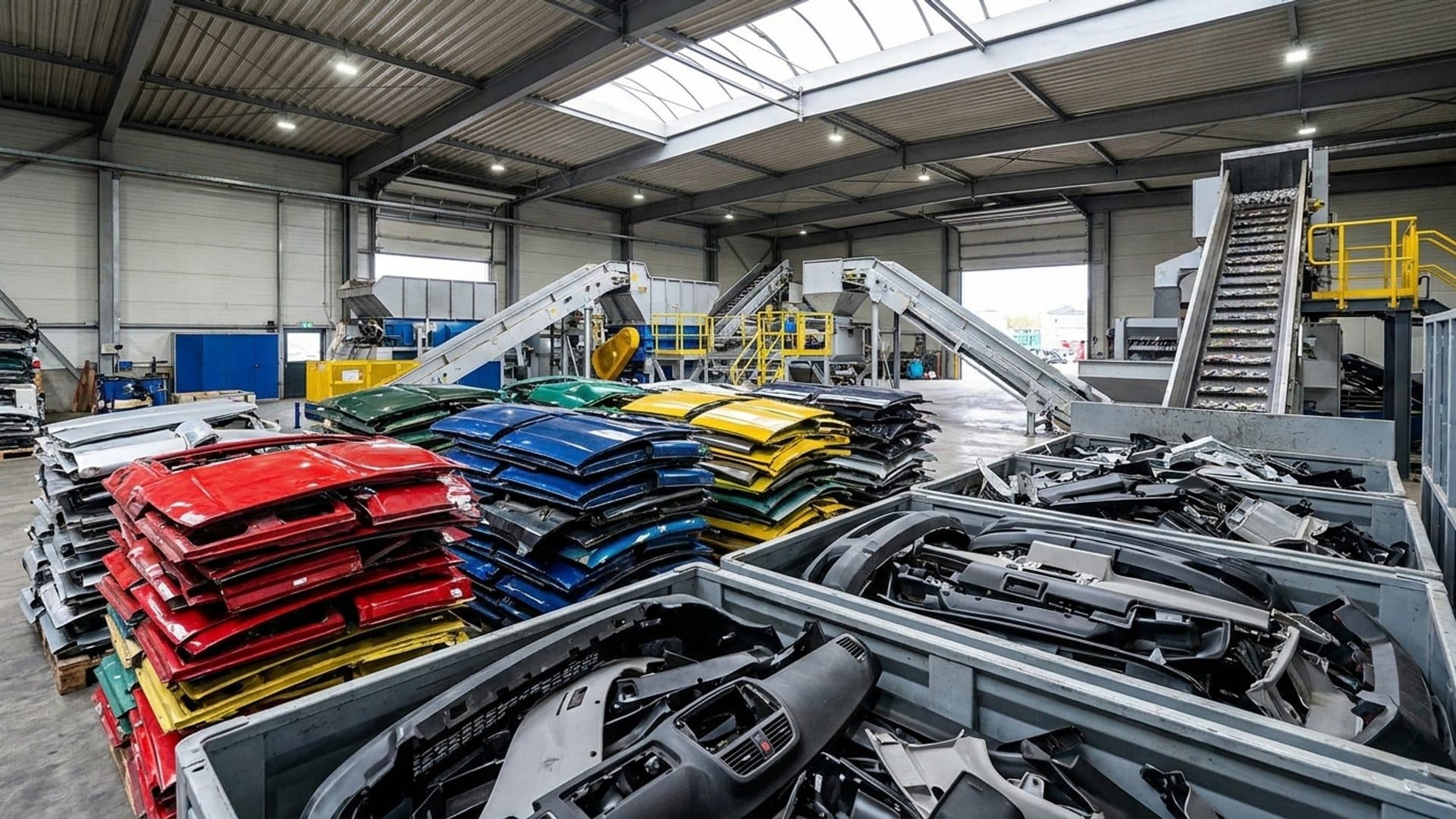 Separated vehicle components and materials at an automotive recycling facility