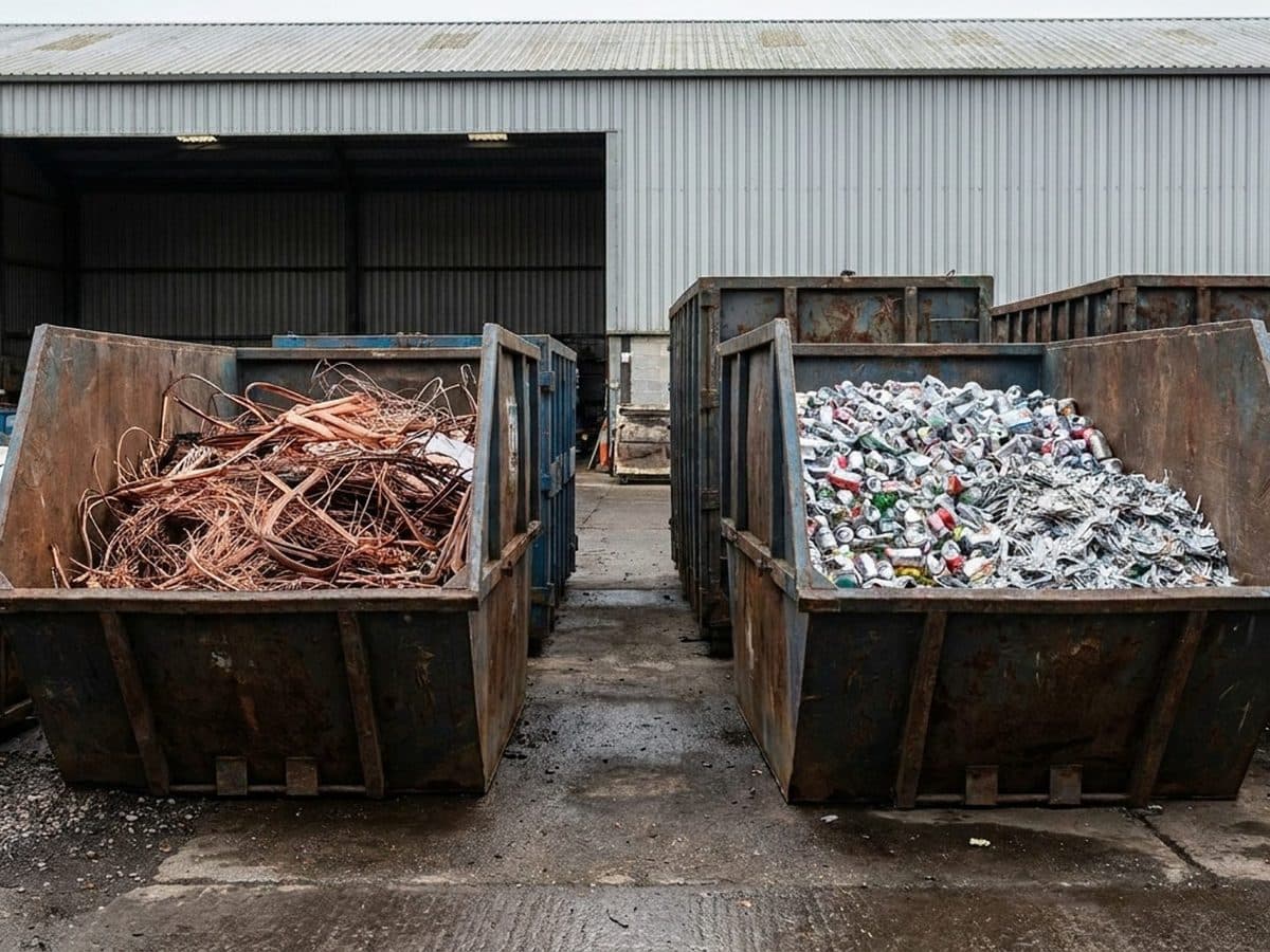 Separated metal scrap in open bins at a recycling yard