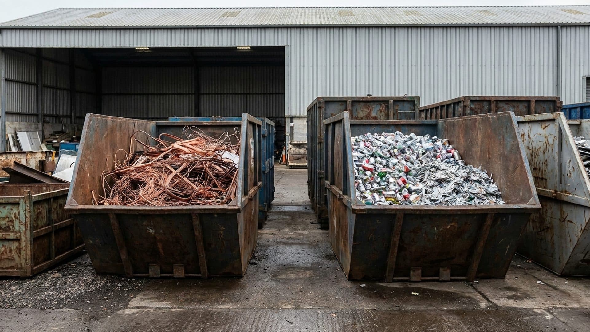 Separated metal scrap in open bins at a recycling yard