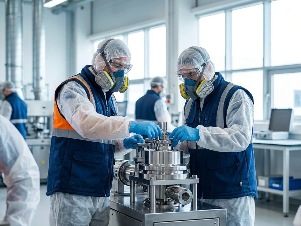 Industrial workers wearing respiratory protective equipment in manufacturing