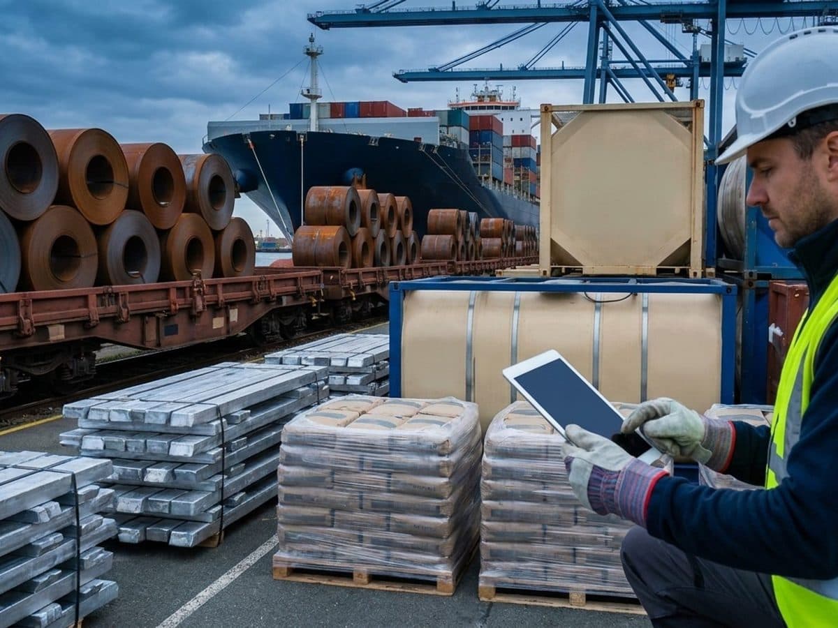 Industrial cargo and a compliance specialist at a freight terminal