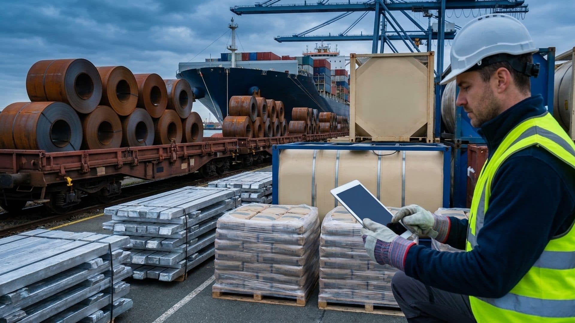 Industrial cargo and a compliance specialist at a freight terminal
