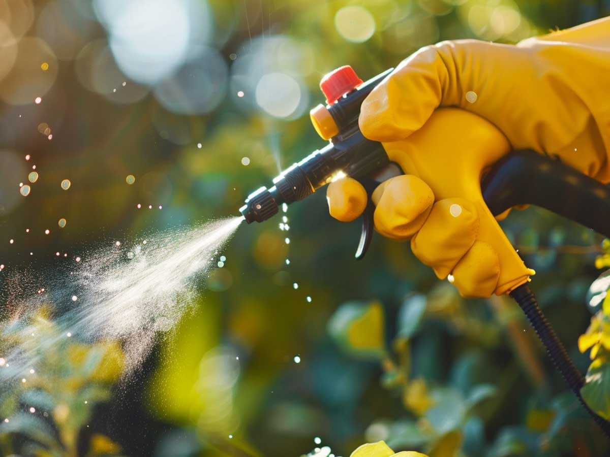 Person spraying biocides wearing yellow glove