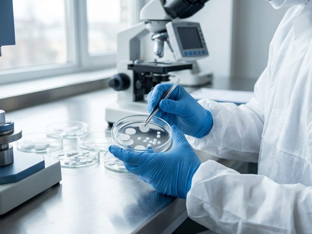 Laboratory analyst examining fluoropolymer samples in clear glass dishes