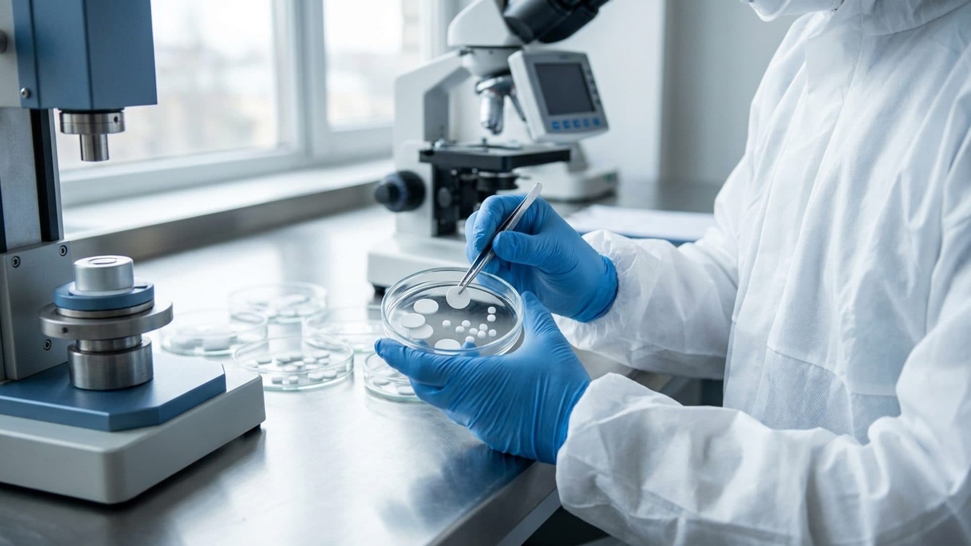 Laboratory analyst examining fluoropolymer samples in clear glass dishes