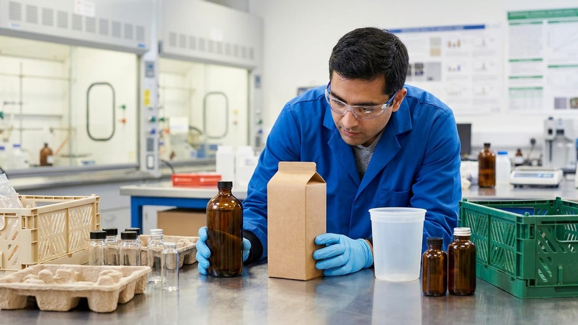 Unlabelled bottles, cartons and reusable containers on a packaging workbench