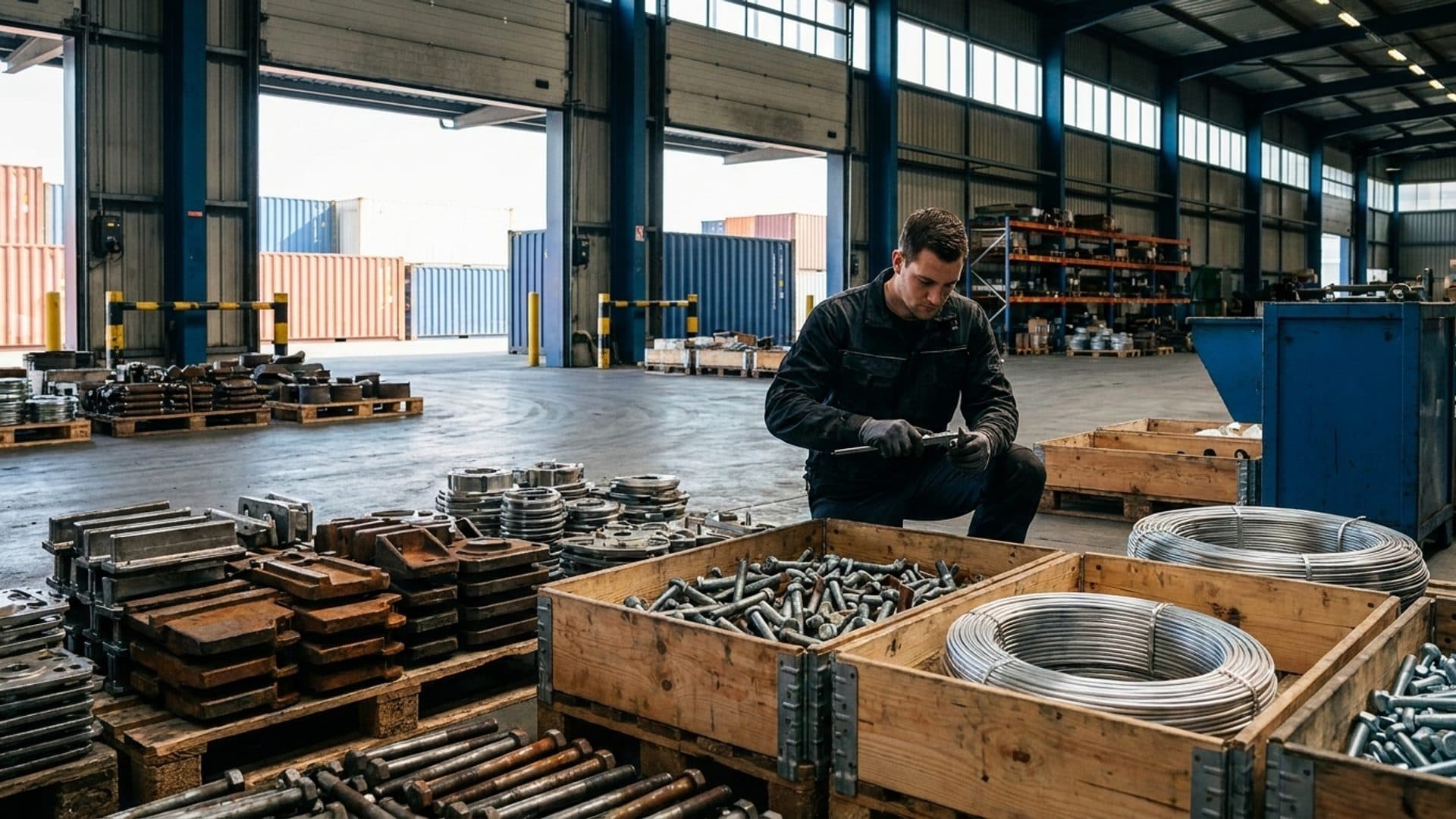 Inspector checking steel and aluminium components at a port warehouse