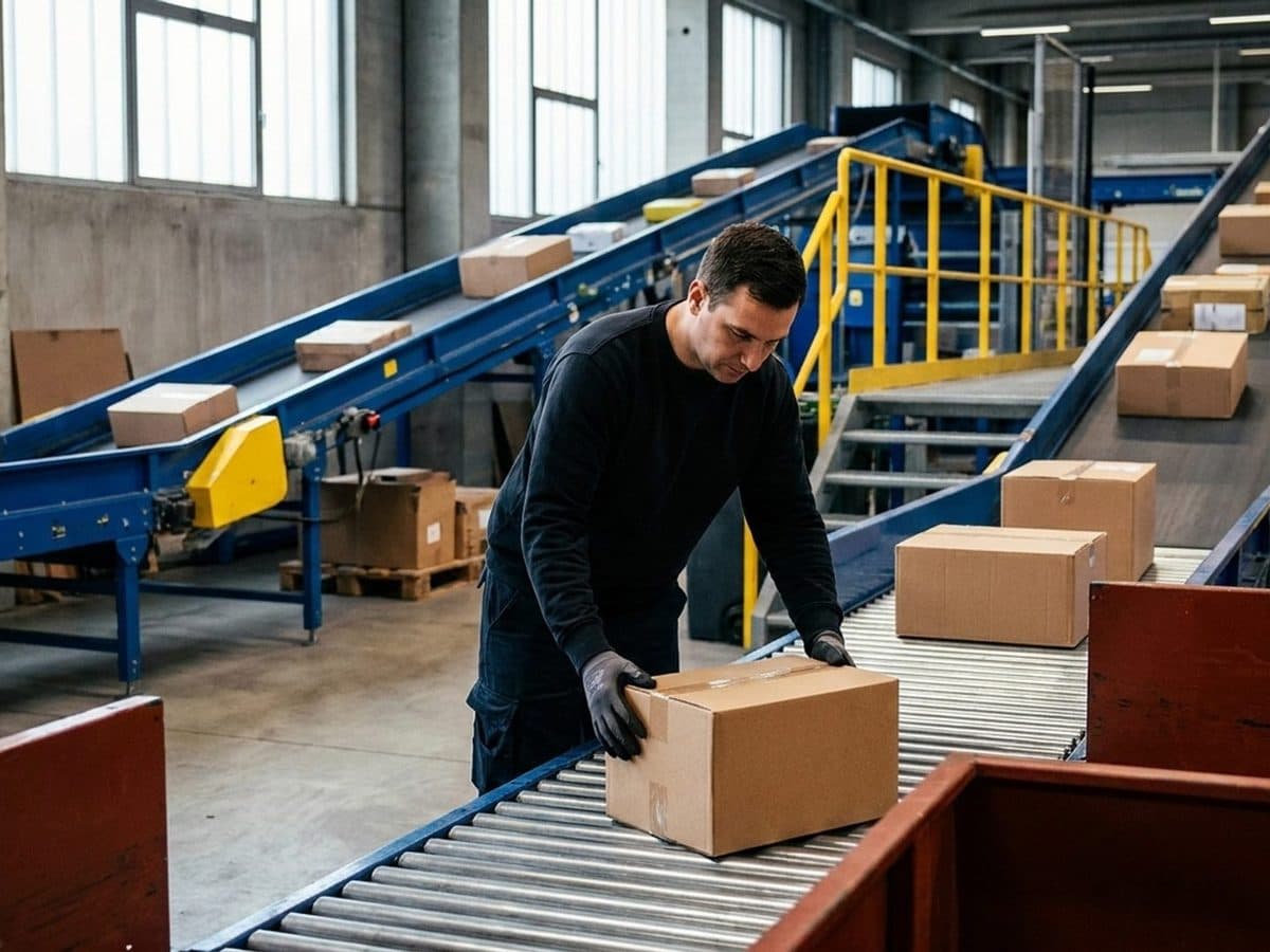 Customs inspector checking parcels at an automated inspection hub