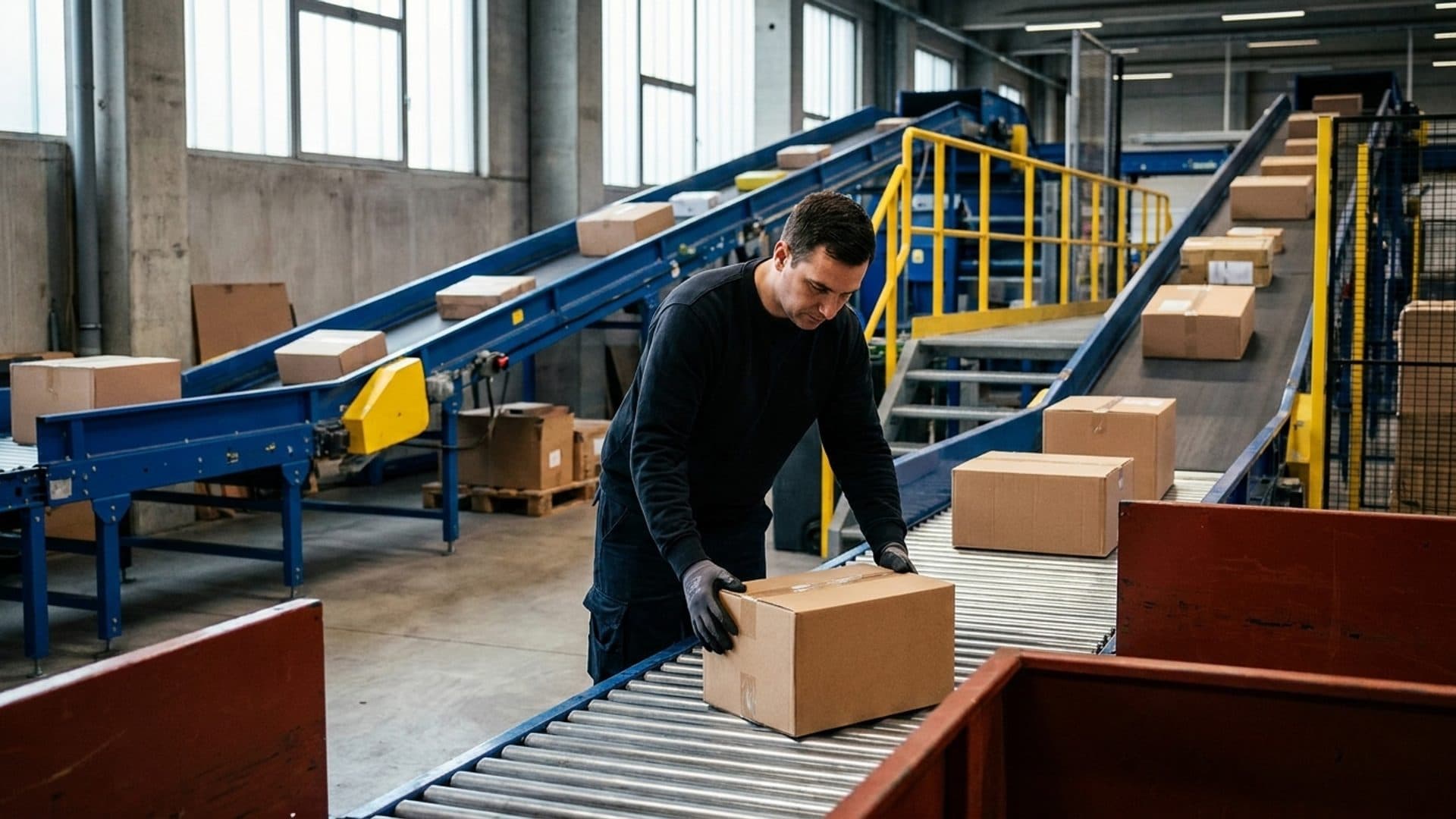 Customs inspector checking parcels at an automated inspection hub