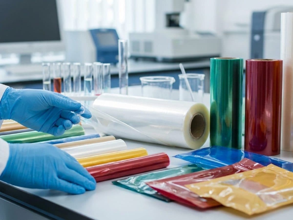 Polymer and food packaging samples being inspected in a laboratory
