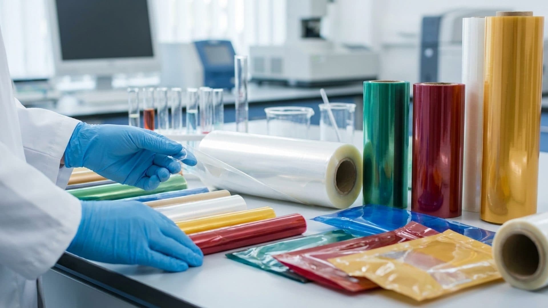 Polymer and food packaging samples being inspected in a laboratory