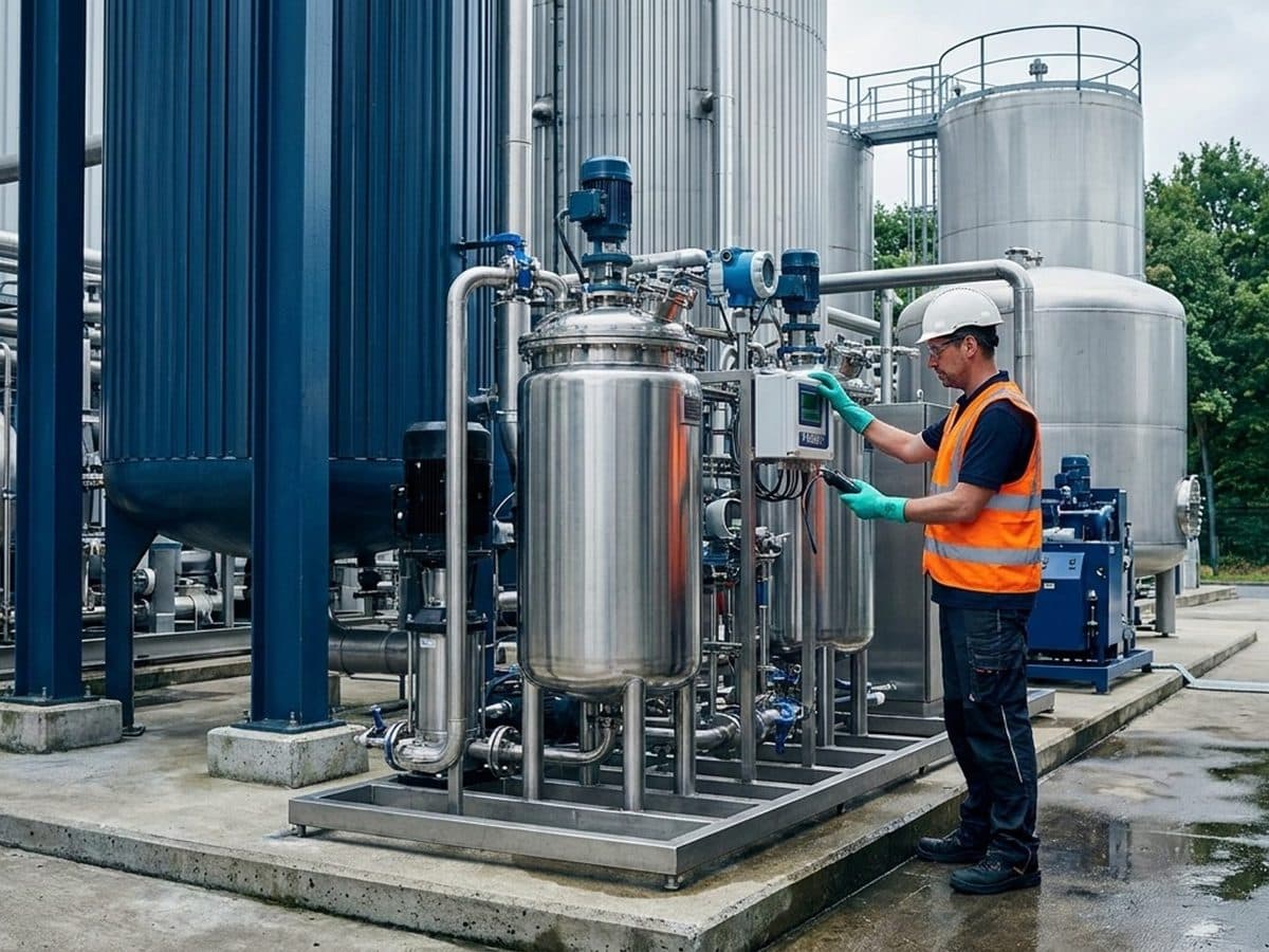 Environmental professional inspecting equipment at an industrial site