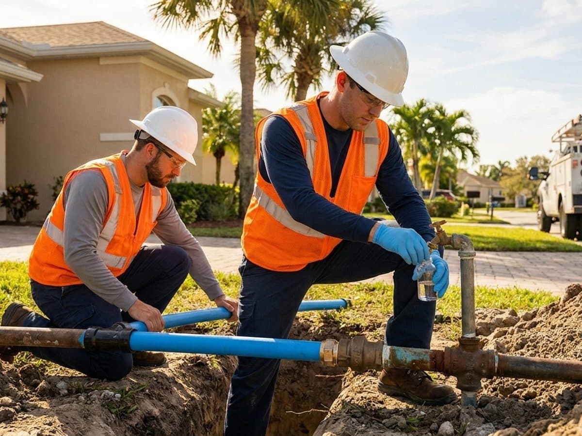 Technicians sampling tap water and inspecting a lead service-line replacement project in a Florida community