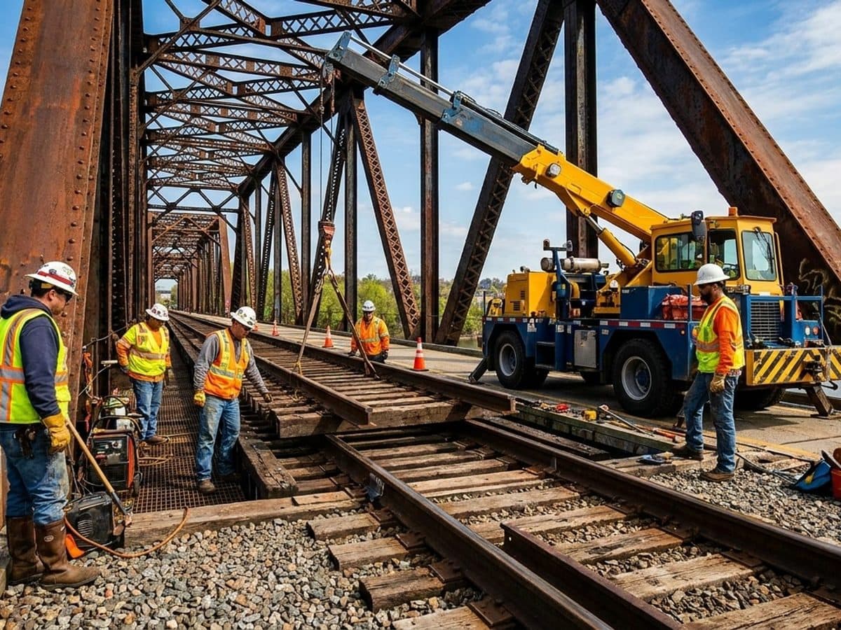 Railroad bridge maintenance crew beside a crane-equipped roadway machine