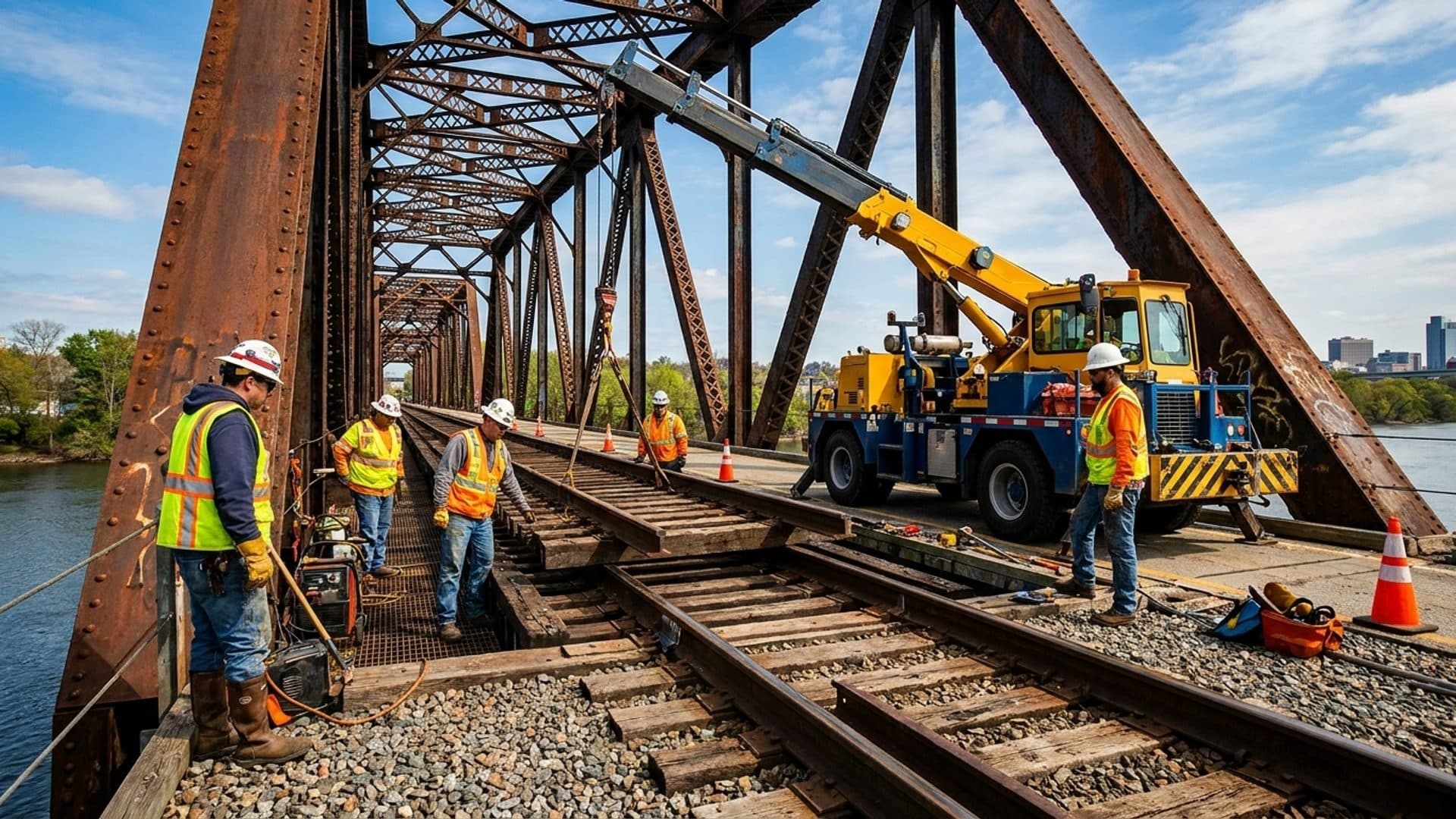 Railroad bridge maintenance crew beside a crane-equipped roadway machine
