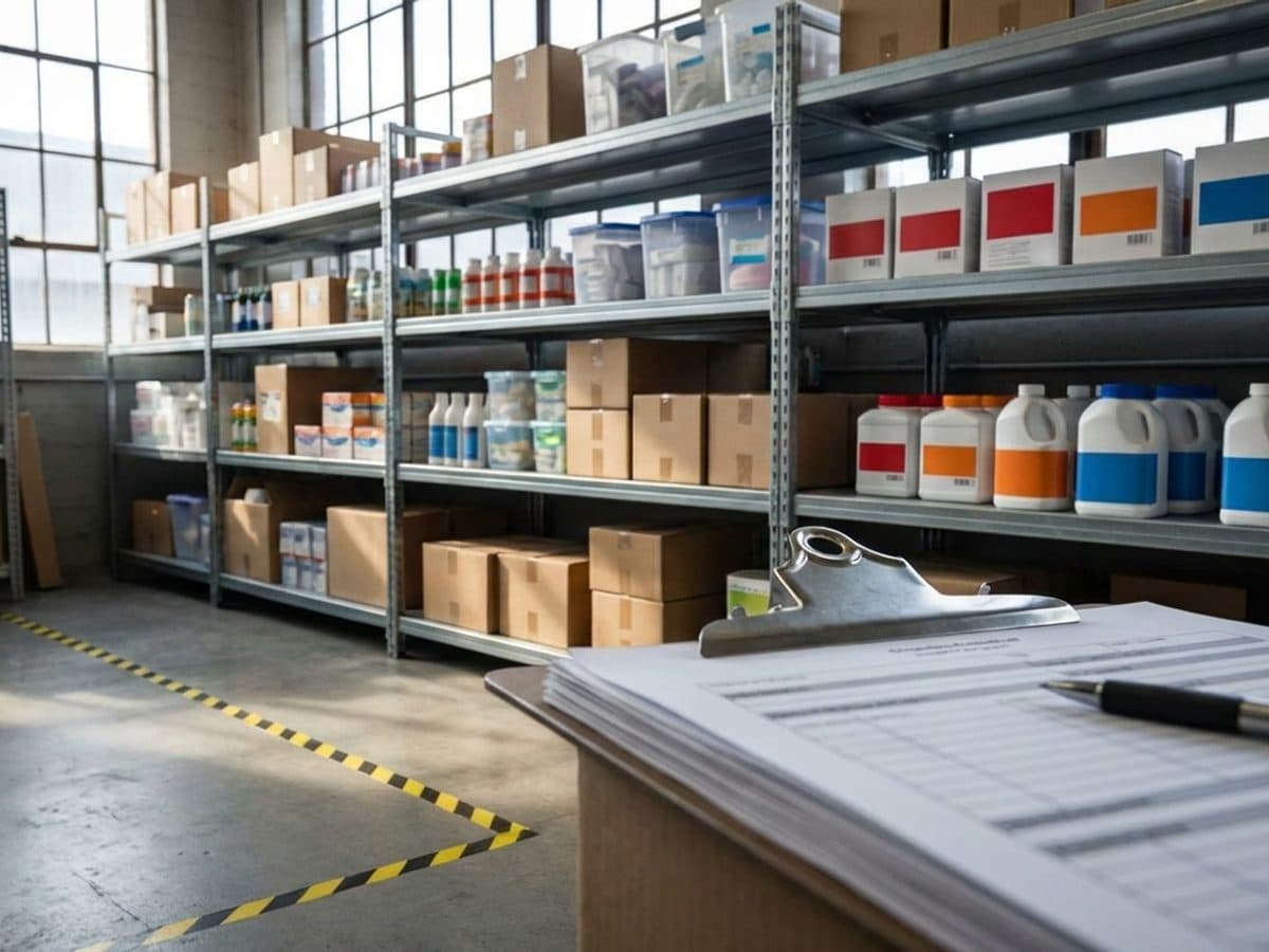 Consumer goods warehouse shelves with compliance clipboard