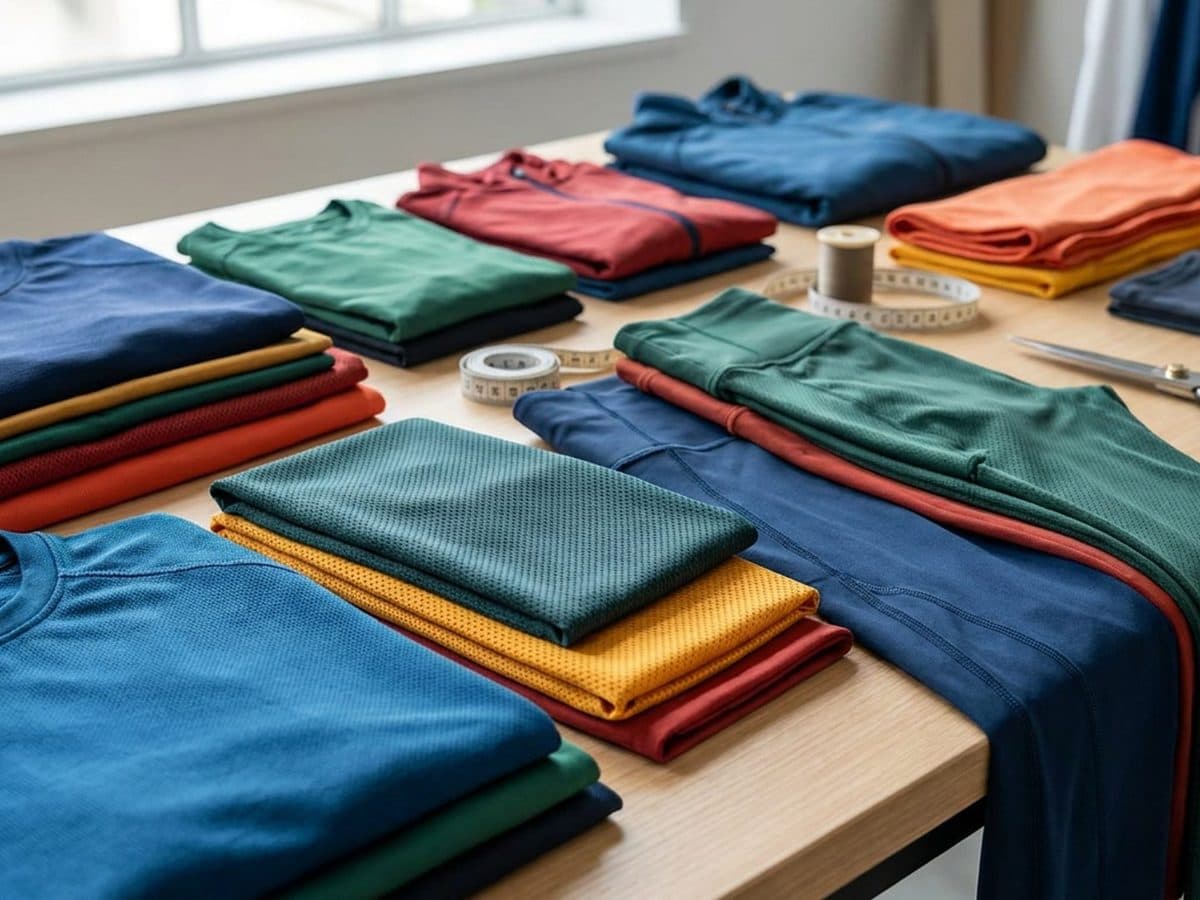 Sportswear and textile garments on a clean studio worktable