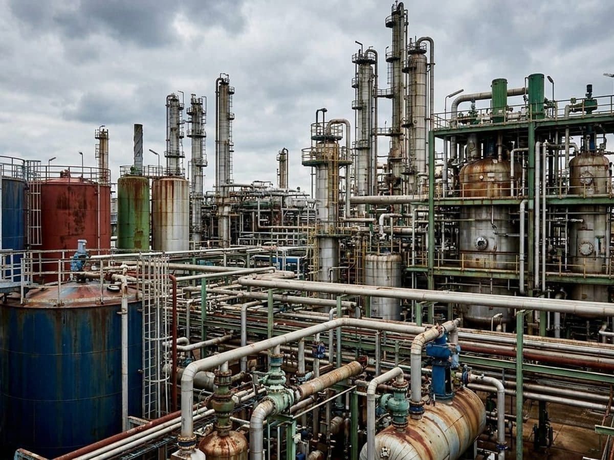Industrial chemical plant with storage tanks and process pipework