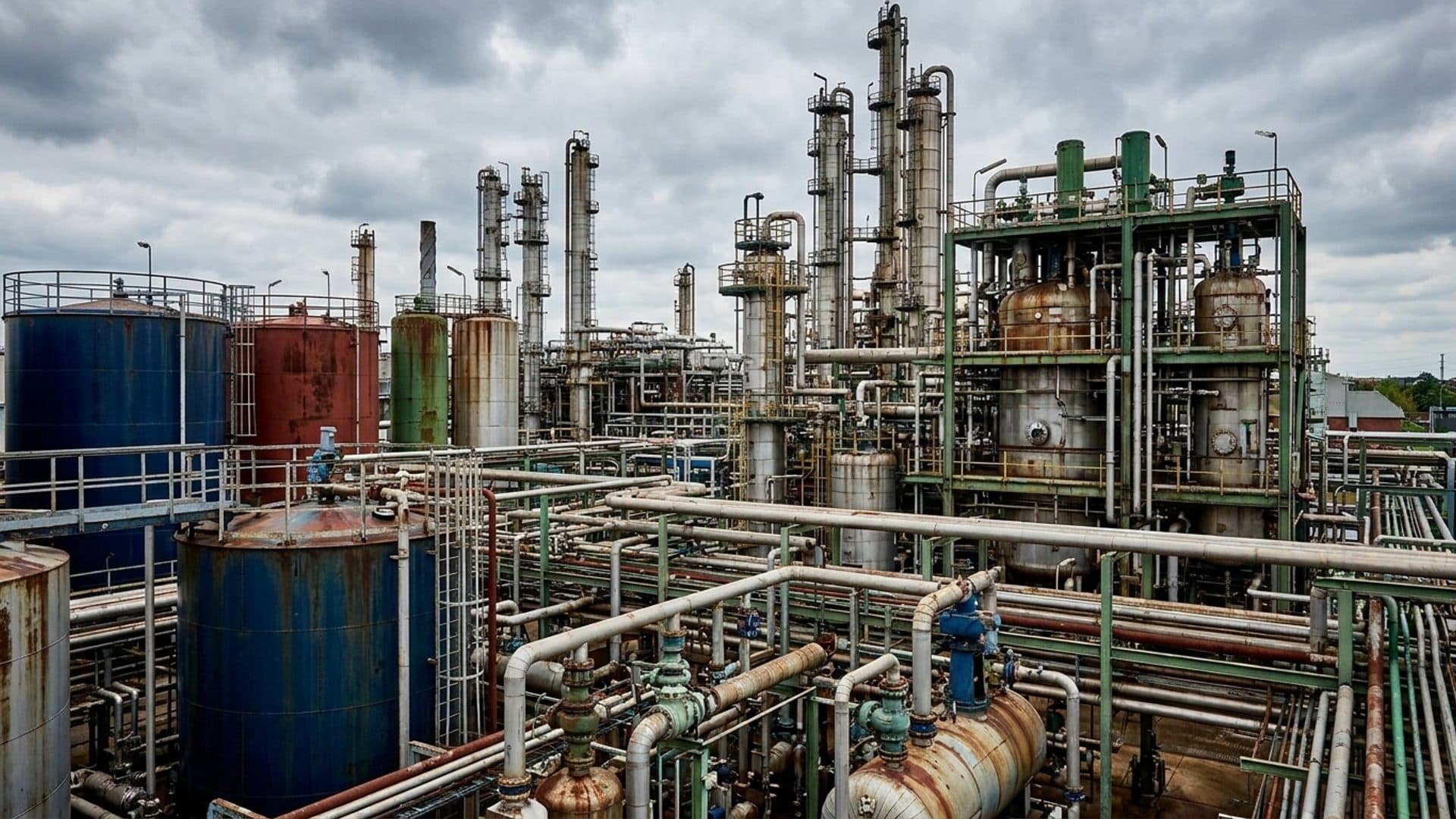 Industrial chemical plant with storage tanks and process pipework