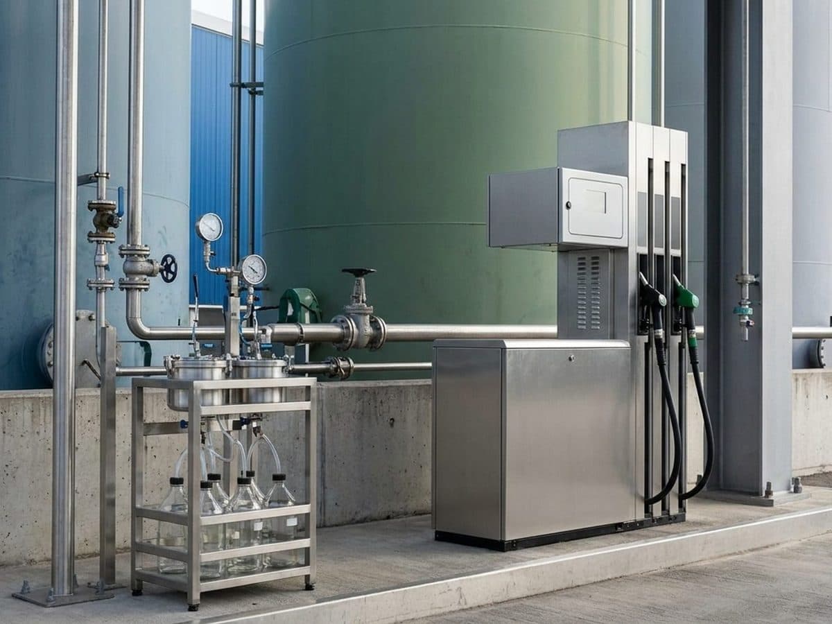 Fuel terminal sampling equipment beside road-fuel storage tanks