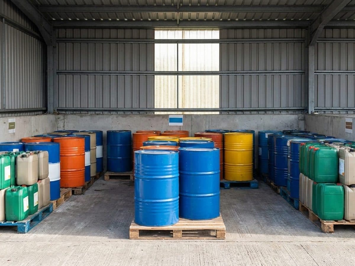 Plain oil drums and containers at a segregated industrial collection point