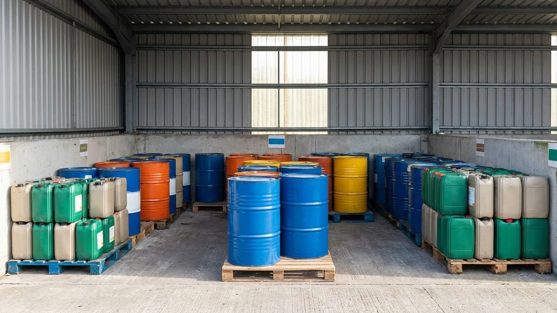 Plain oil drums and containers at a segregated industrial collection point