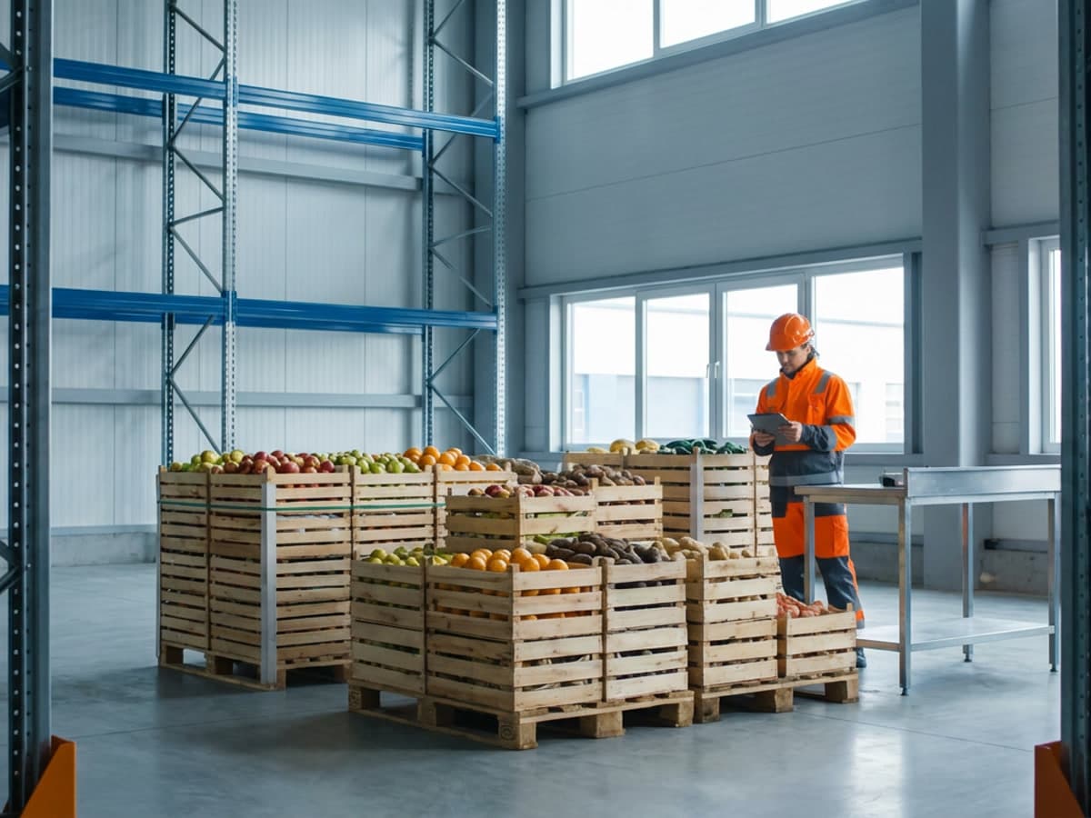 Crates of fresh produce in a warehouse