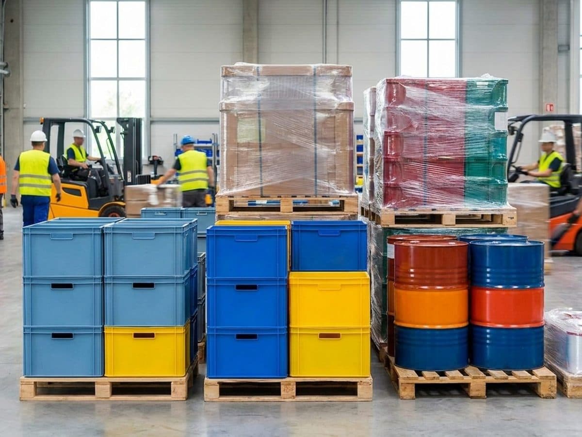 Palletised industrial packaging in a modern logistics centre