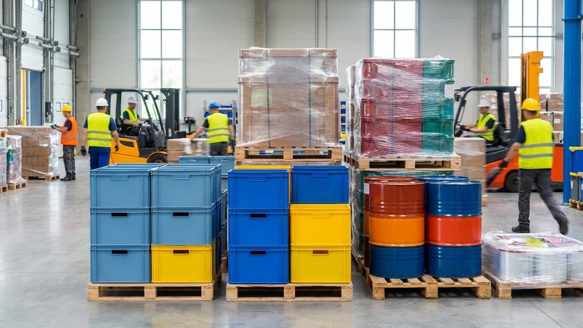 Palletised industrial packaging in a modern logistics centre