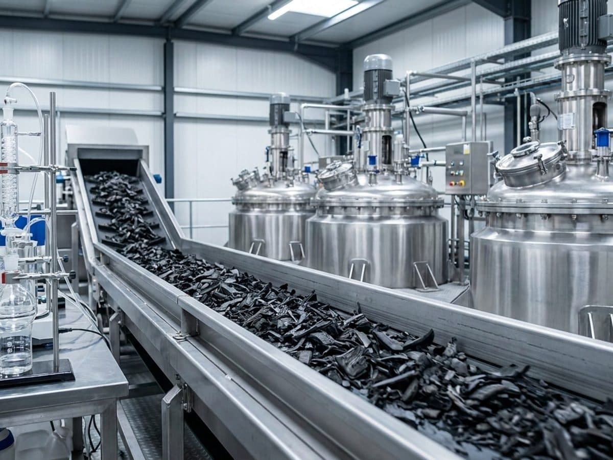 Shredded tyres entering a modern enclosed chemical recycling facility
