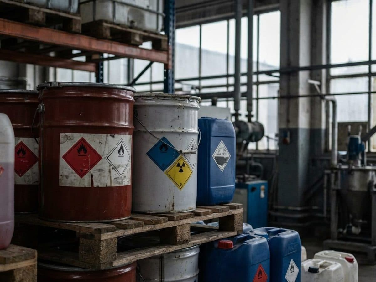 Chemical hazard labels on industrial containers in a warehouse