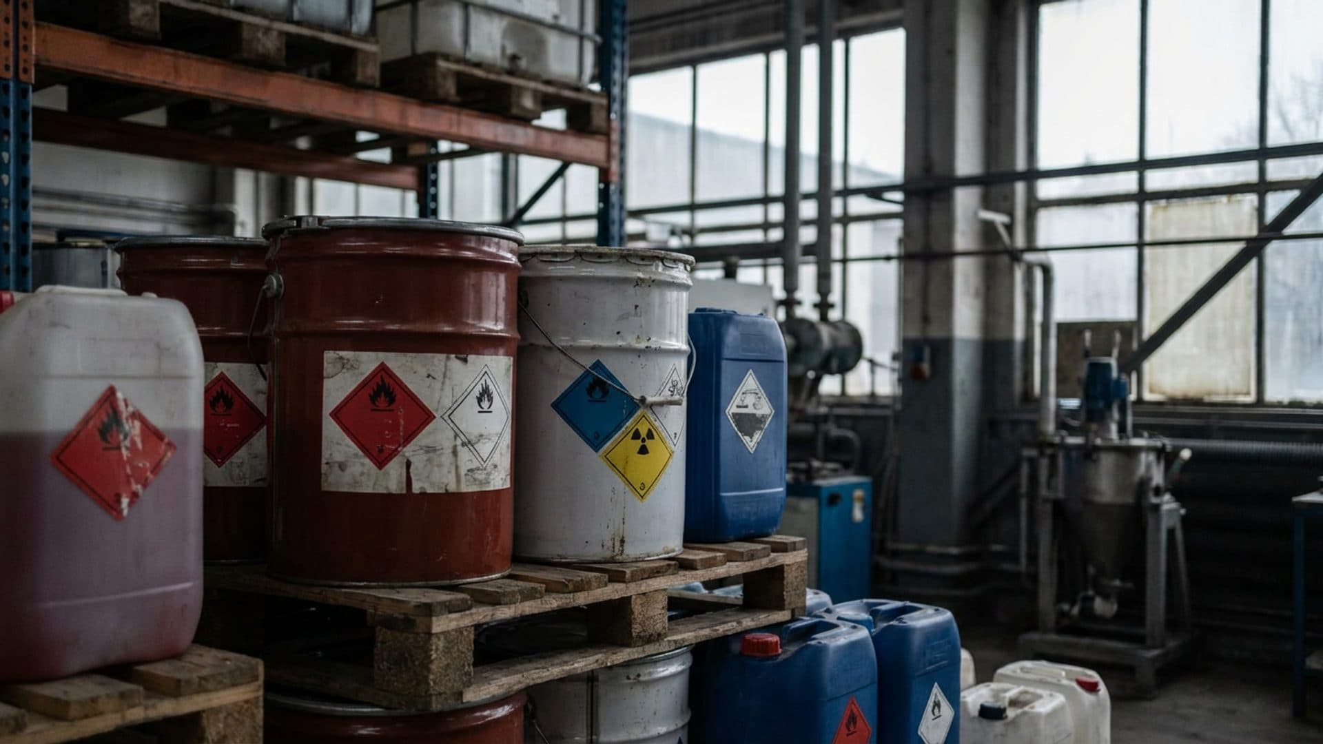 Chemical hazard labels on industrial containers in a warehouse