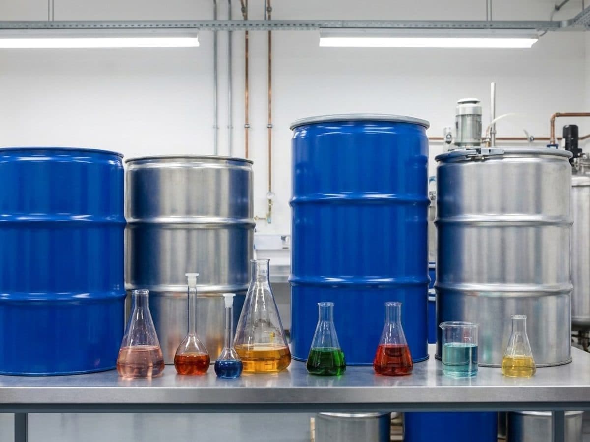 Chemical drums and formulation samples in a manufacturing laboratory