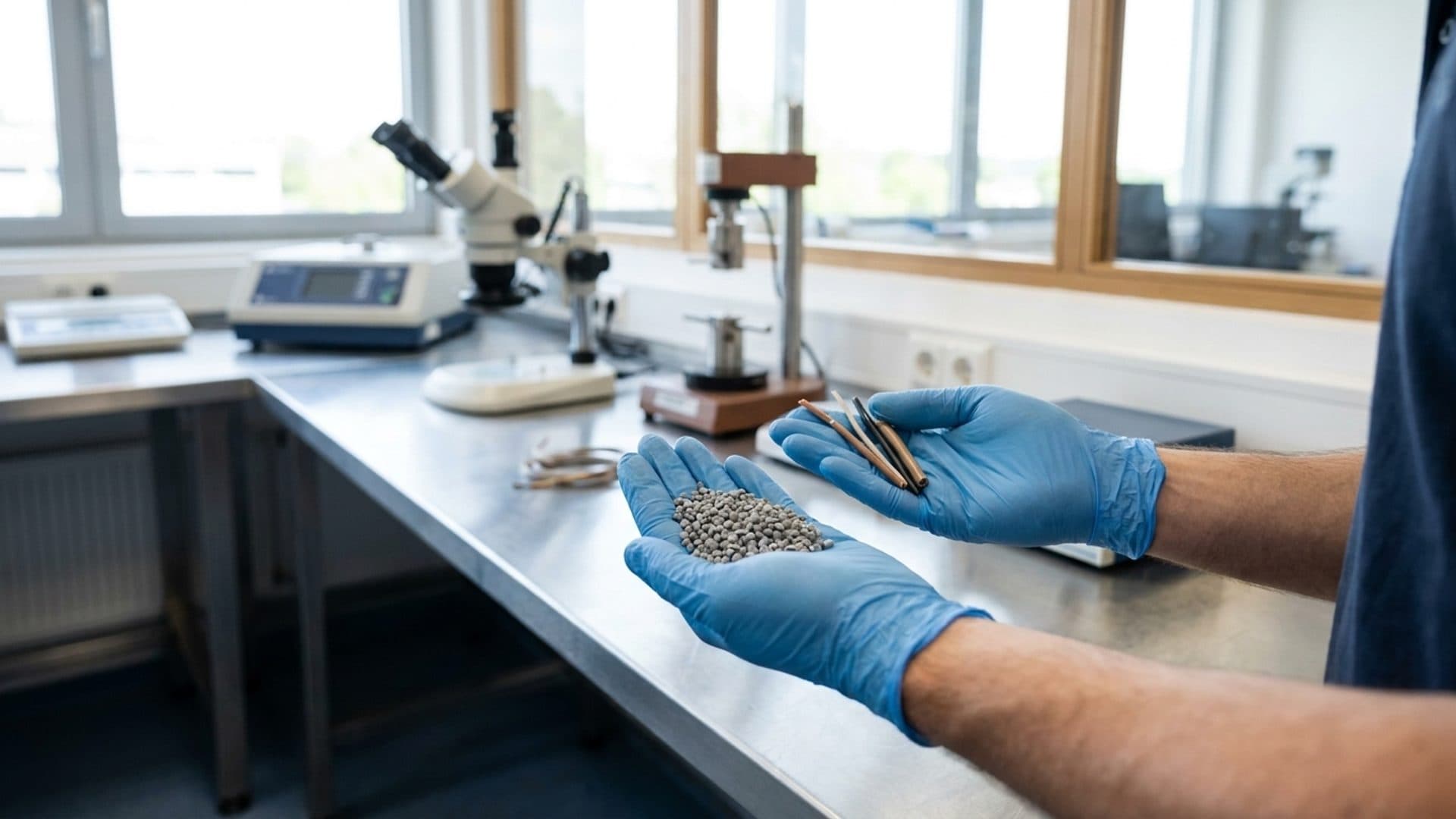 Technician examining recycled polymer pellets and cable insulation samples