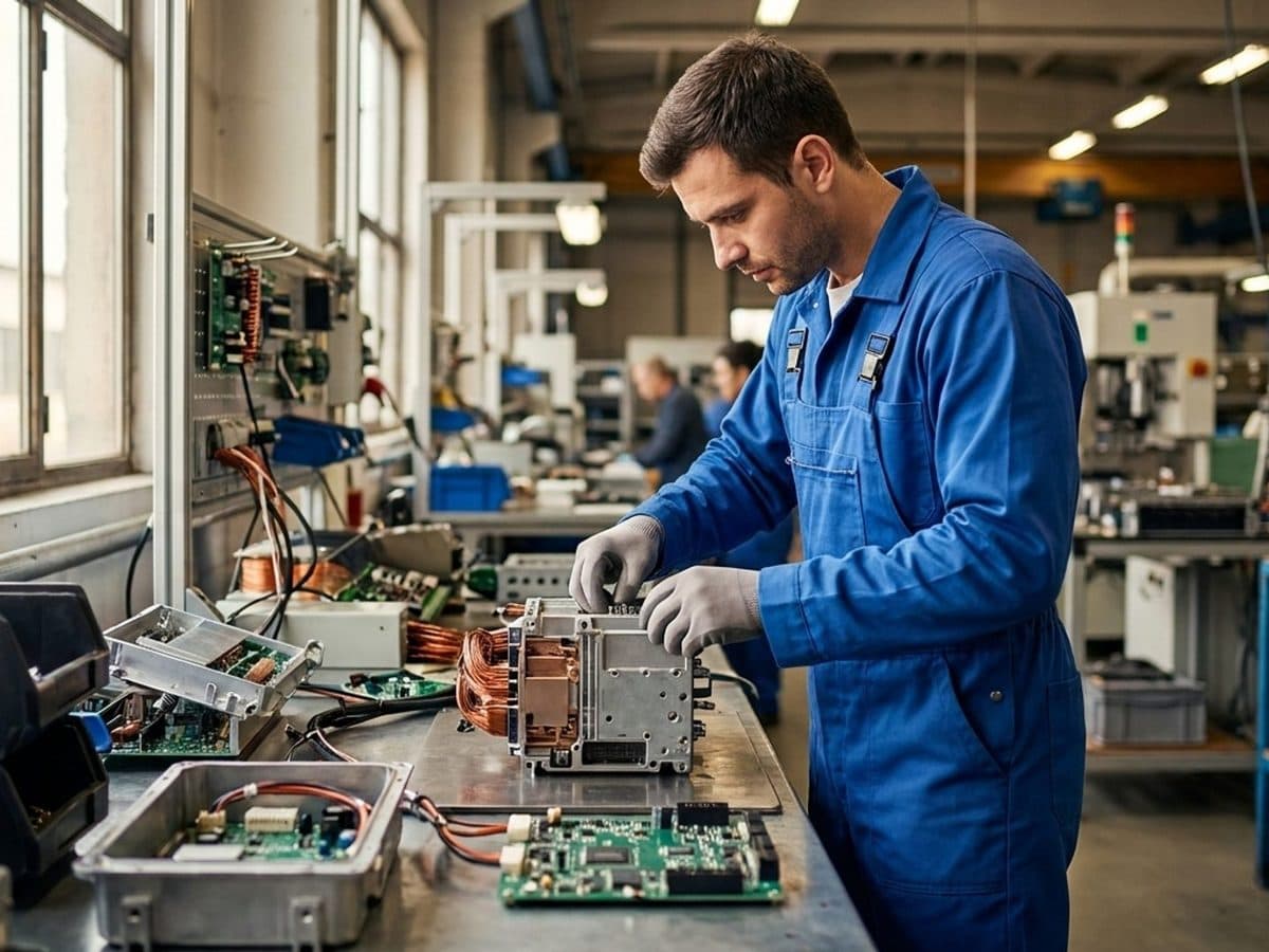 A technician examining an unbranded connected industrial product on a test bench